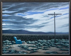 "Far From Inevitable", Figurative Landscape Oil Painting, Deserted Blue Chair