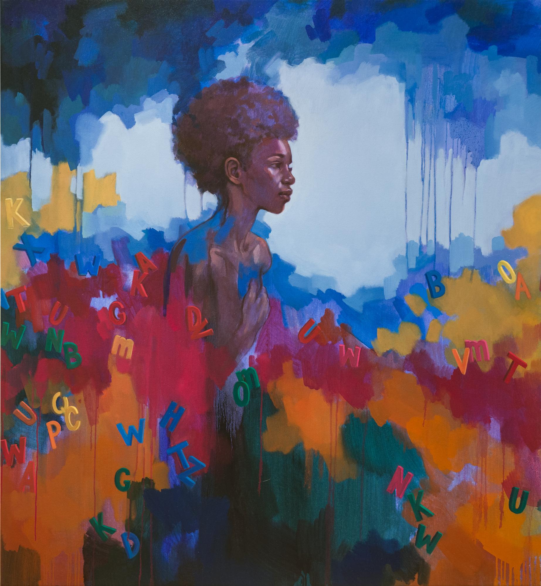 Figurative Painting di Katherine Fraser - "Ferma quel pensiero" Donna nera in blu con lettere sul magnete del frigo