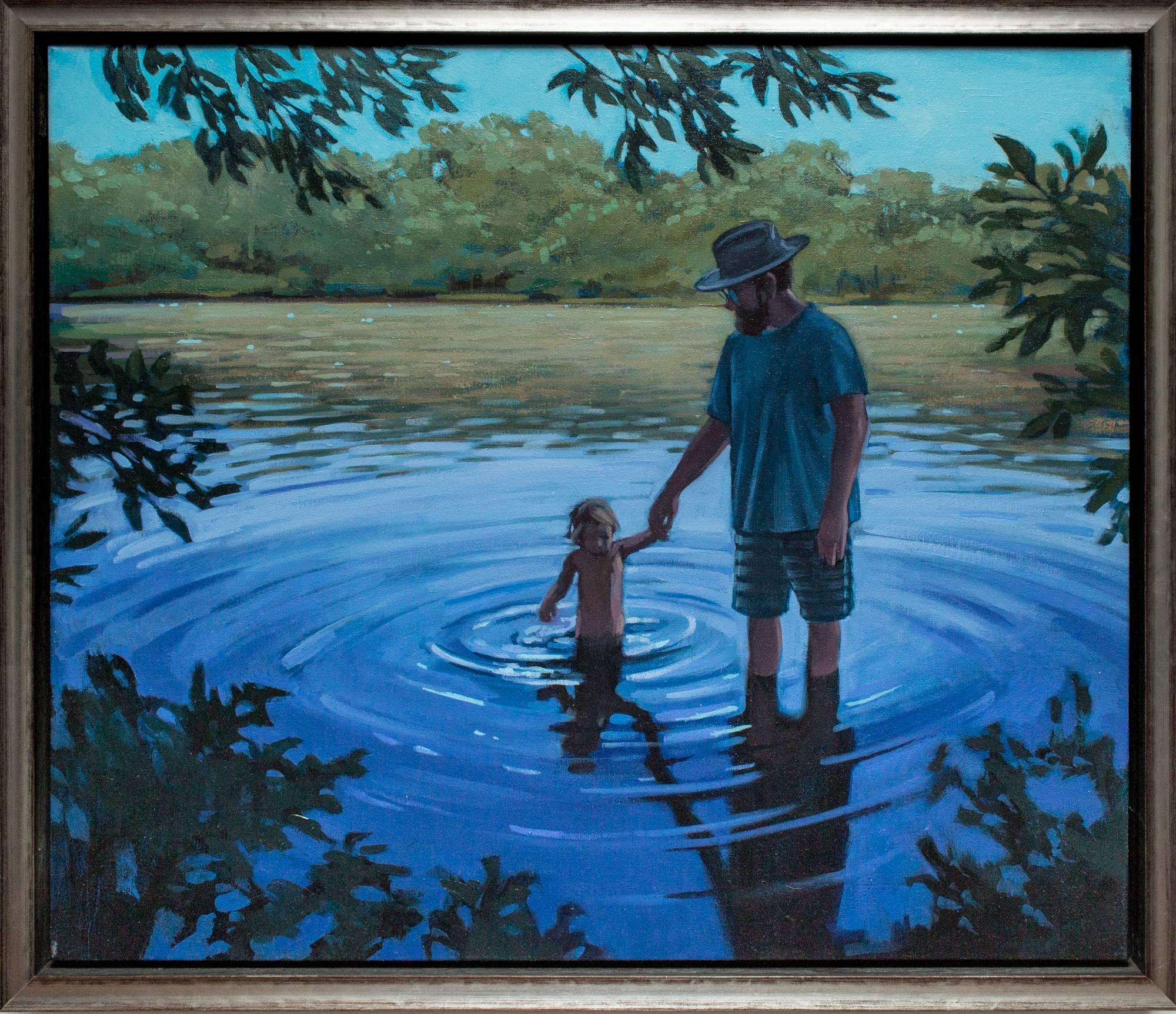 "Holding On", Figurative Oil Painting Father and Son in Lake, Blue, Green