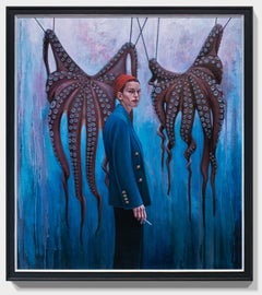 "I Dare You", Figurative Oil Painting, Portrait, Woman Smoking, Octopus