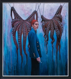 "I Dare You", Figurative Oil Painting, Portrait, Woman Smoking, Octopus