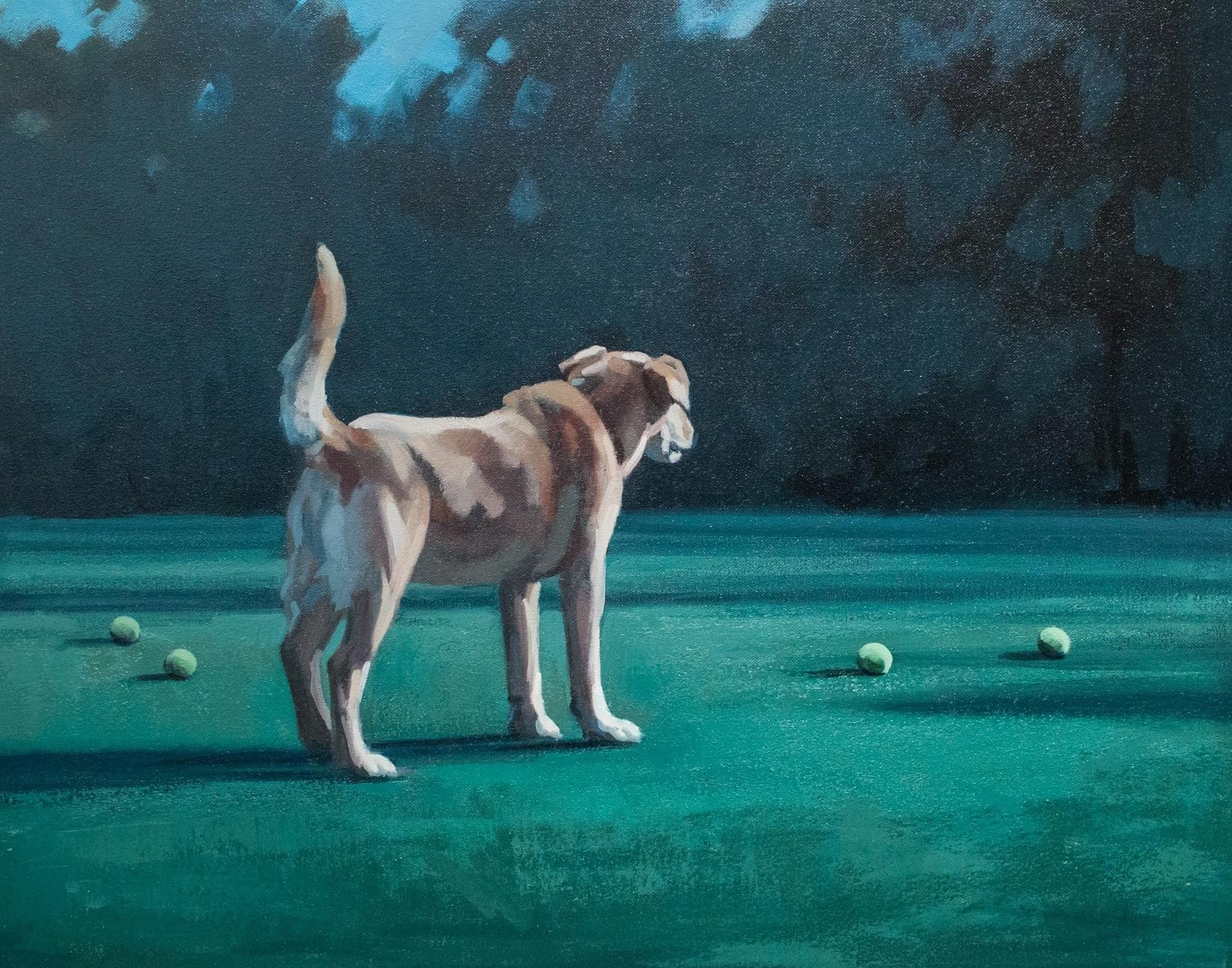 Peinture à l'huile « In Our Nature », chien dans un paysage avec boules de tennis en vente 1