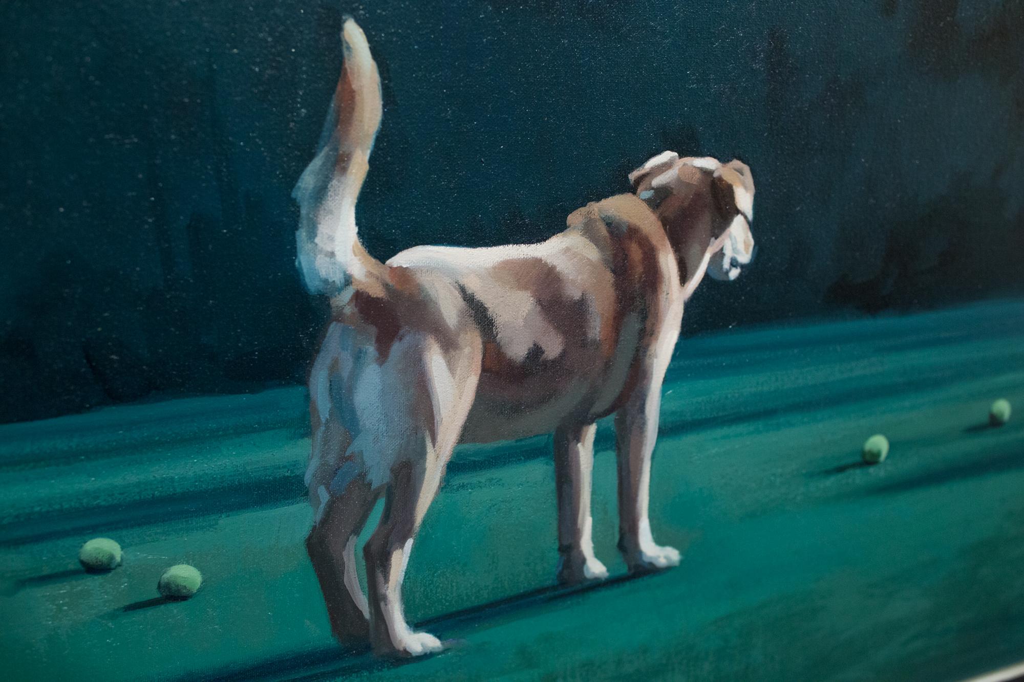 dog looking at tennis ball painting