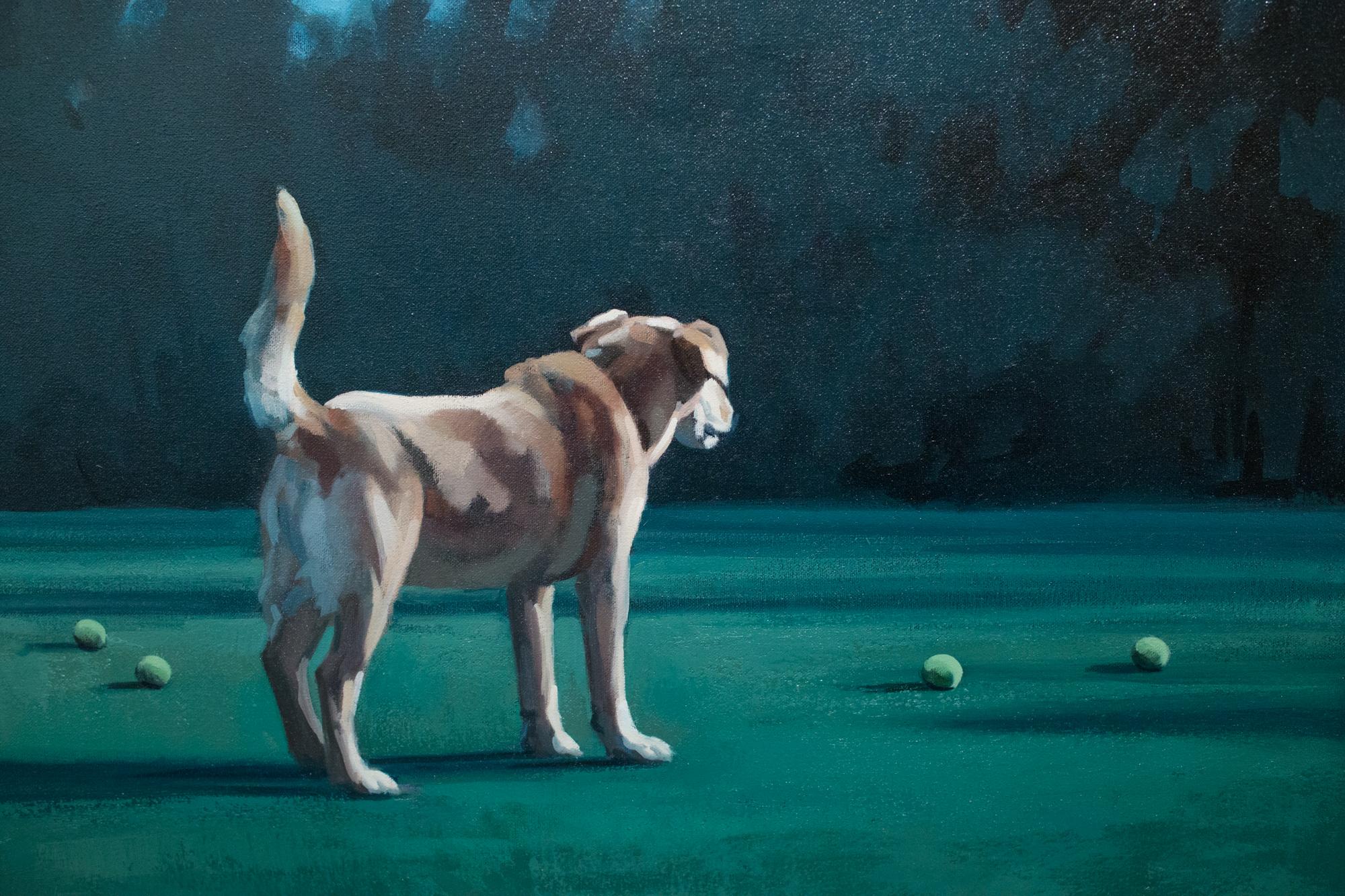 painting of dog looking at tennis ball