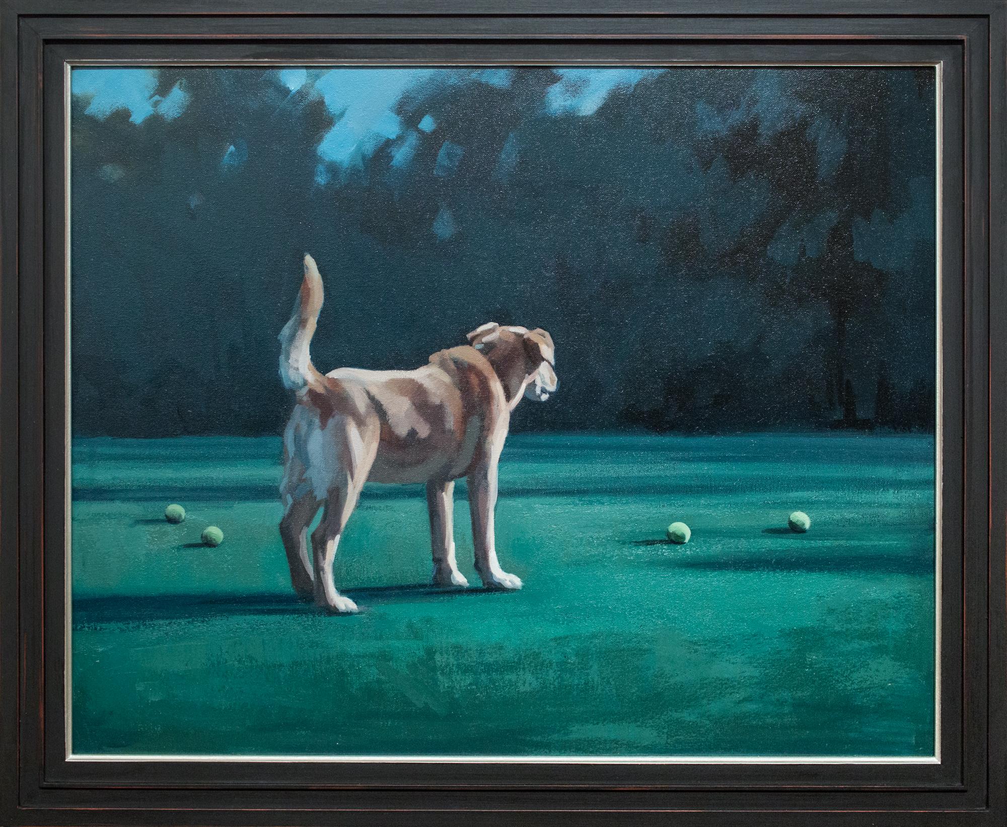 Figurative Painting di Katherine Fraser - "Nella nostra natura", cane in un paesaggio con palline da tennis Pittura ad olio
