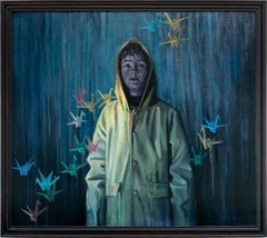 "Insight", Figurative Oil Painting, Portrait of Young Boy in Yellow Rain Jacket