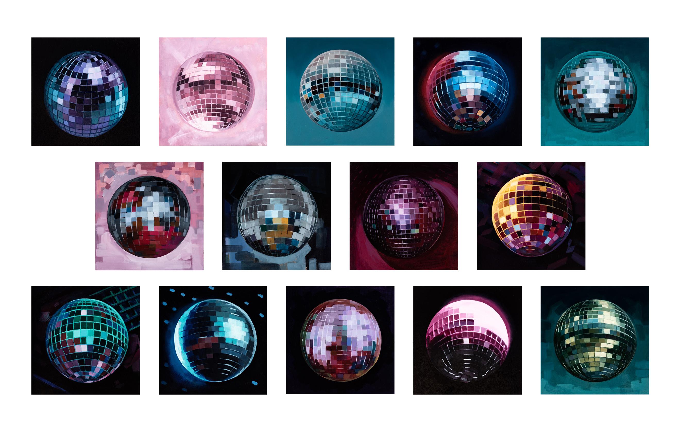 Artist Katherine Fraser's "Disco Ball" series consists of 14 separate 8in x 8in oil paintings by the artist. All are pictured together in the first image. This listing is for the full collection of 14 paintings. 

This series marks a more colorful,