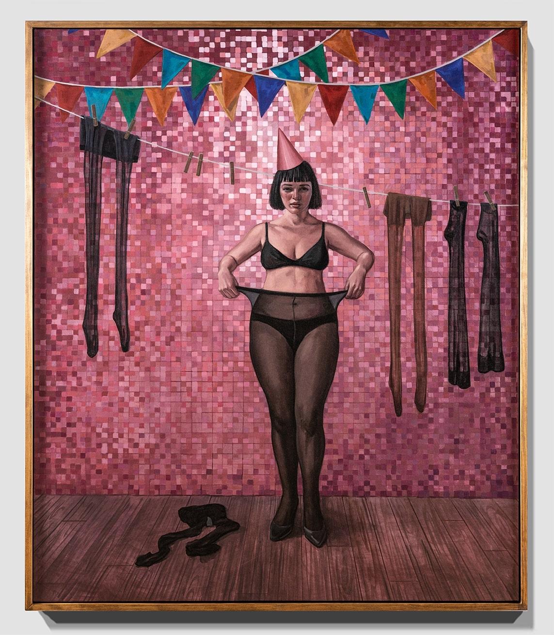 „Layers of Meaning“ Öl auf Leinwand, weibliche Figur, Partyszene, Ölgemälde – Painting von Katherine Fraser