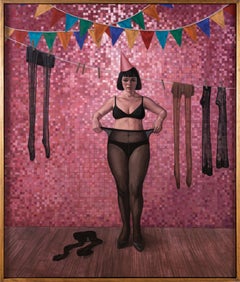 „Layers of Meaning“ Öl auf Leinwand, weibliche Figur, Partyszene, Ölgemälde