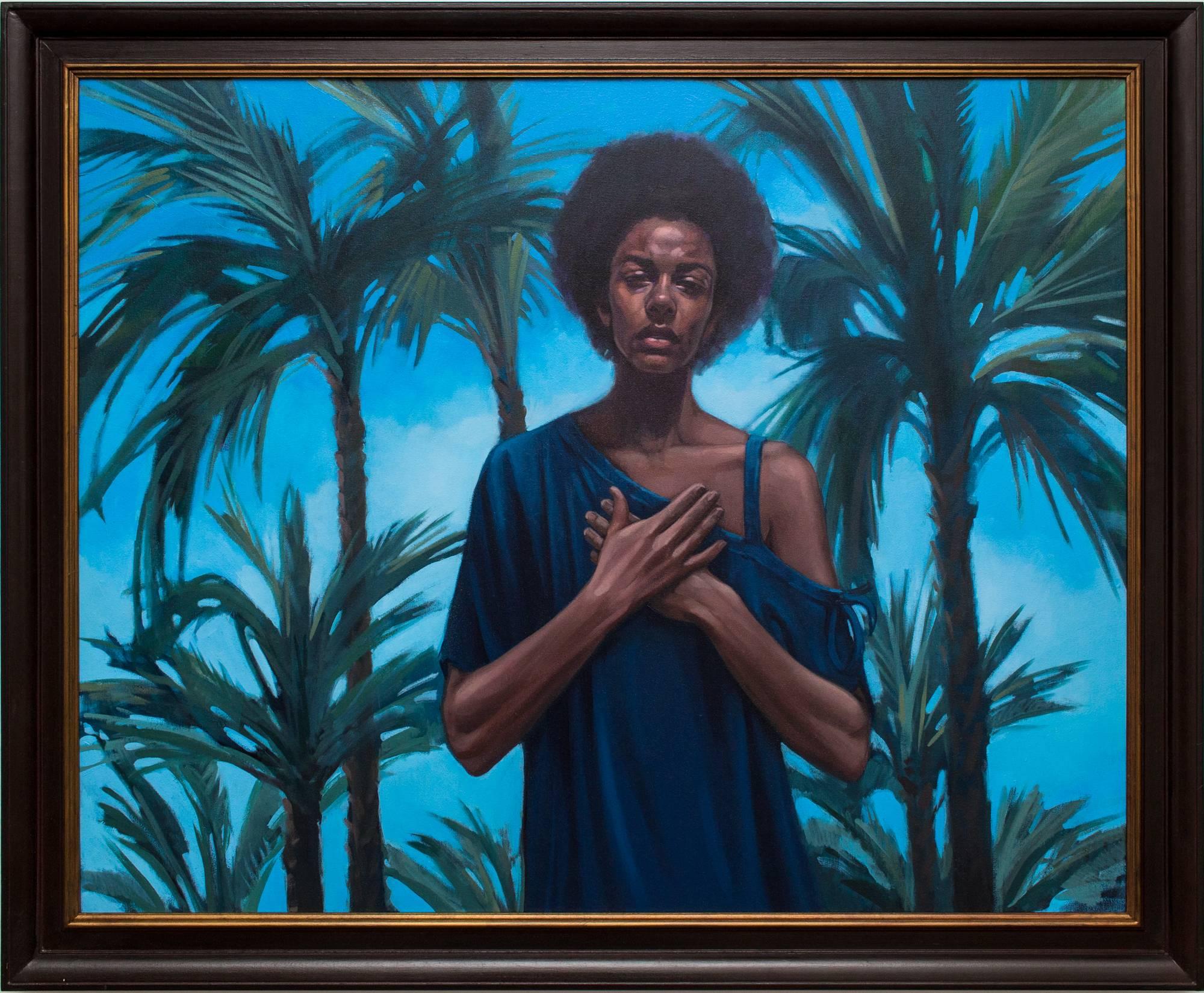 Katherine Fraser Portrait Painting - "Letter to the World" Hyper-realistic oil painting, woman and palm trees