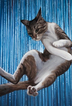 "Nine Lives IV" White and Brown Striped Cat in Movement in Blue
