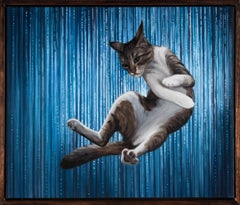 "Nine Lives IV" White and Brown Striped Cat in Movement in Blue
