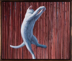 "Nine Lives IX" White Cat Leaping in the Air With Red Tinsel