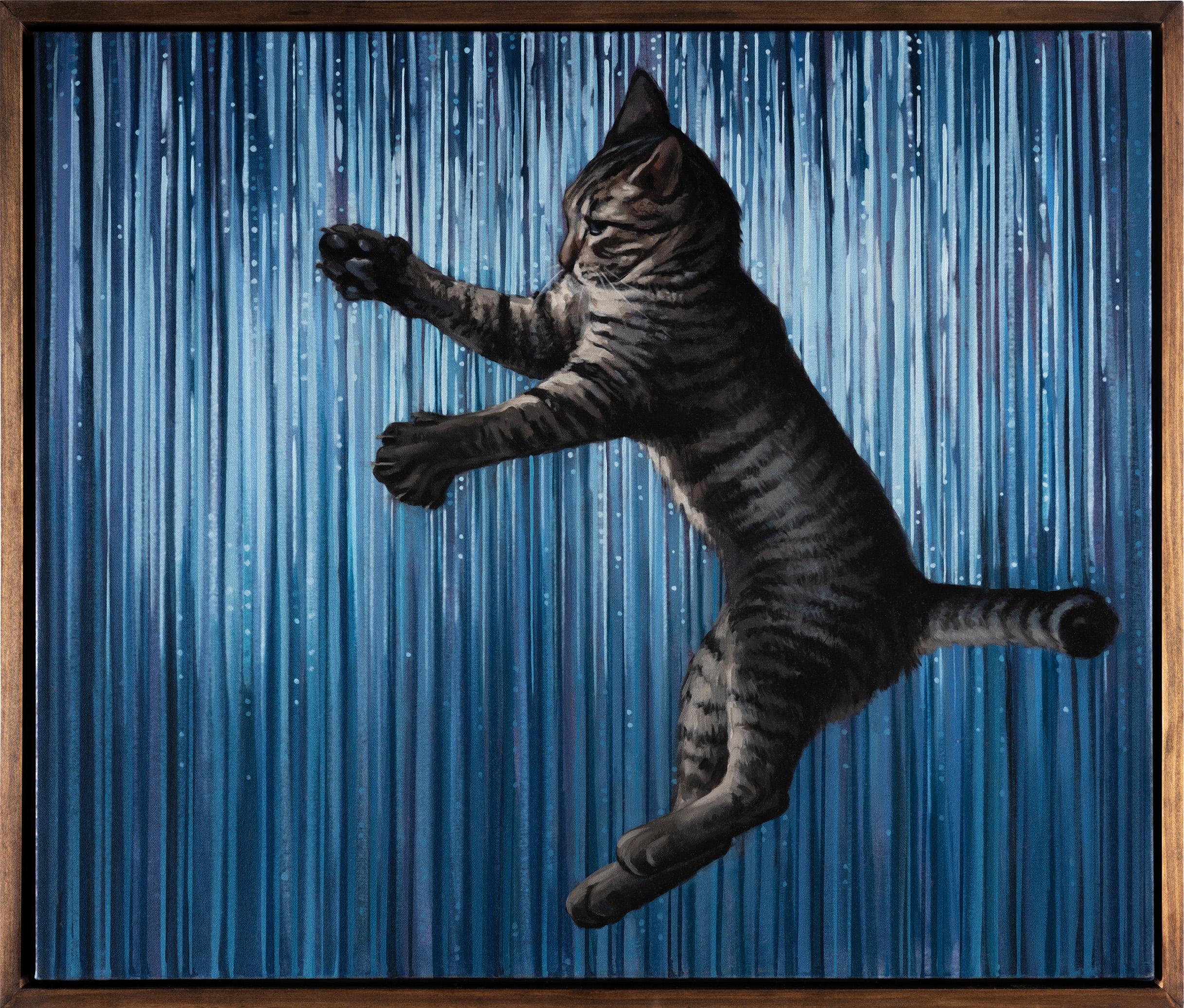 "Nine Lives VI" Contemporary Framed Oil Painting of Striped Cat