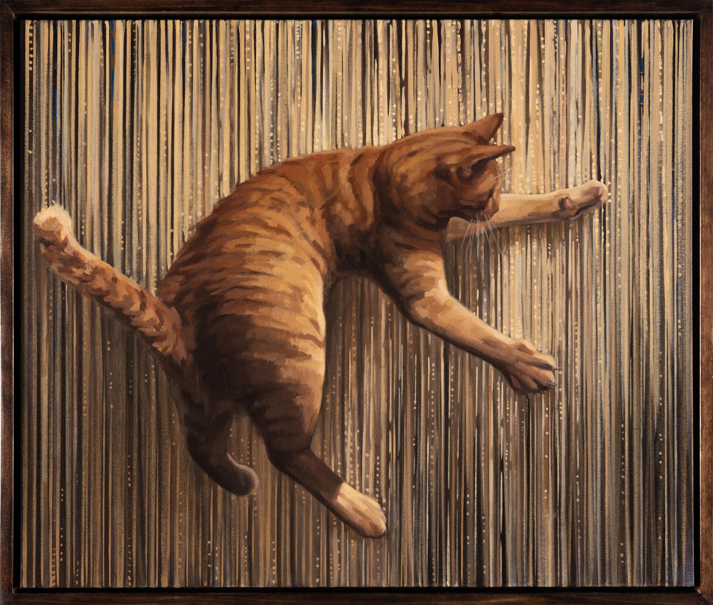 Katherine Fraser Interior Painting - "Nine Lives VIII", Orange Cat Leaping in Front of Gold Tinsel