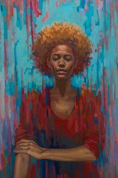 "No One's Fool" Curly-Haired Woman on Dark Red, Purple and Blue Scape
