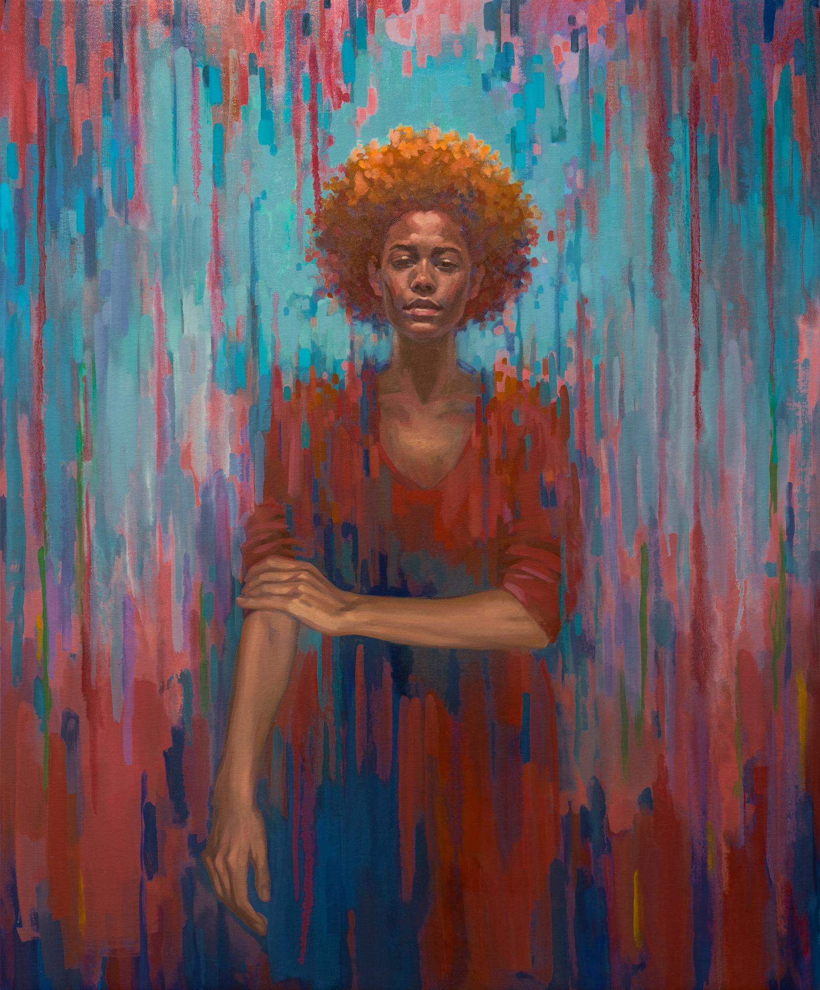 Abstract Painting de Katherine Fraser - "Nadie es tonto" Mujer de pelo rizado sobre un paisaje rojo oscuro, morado y azul