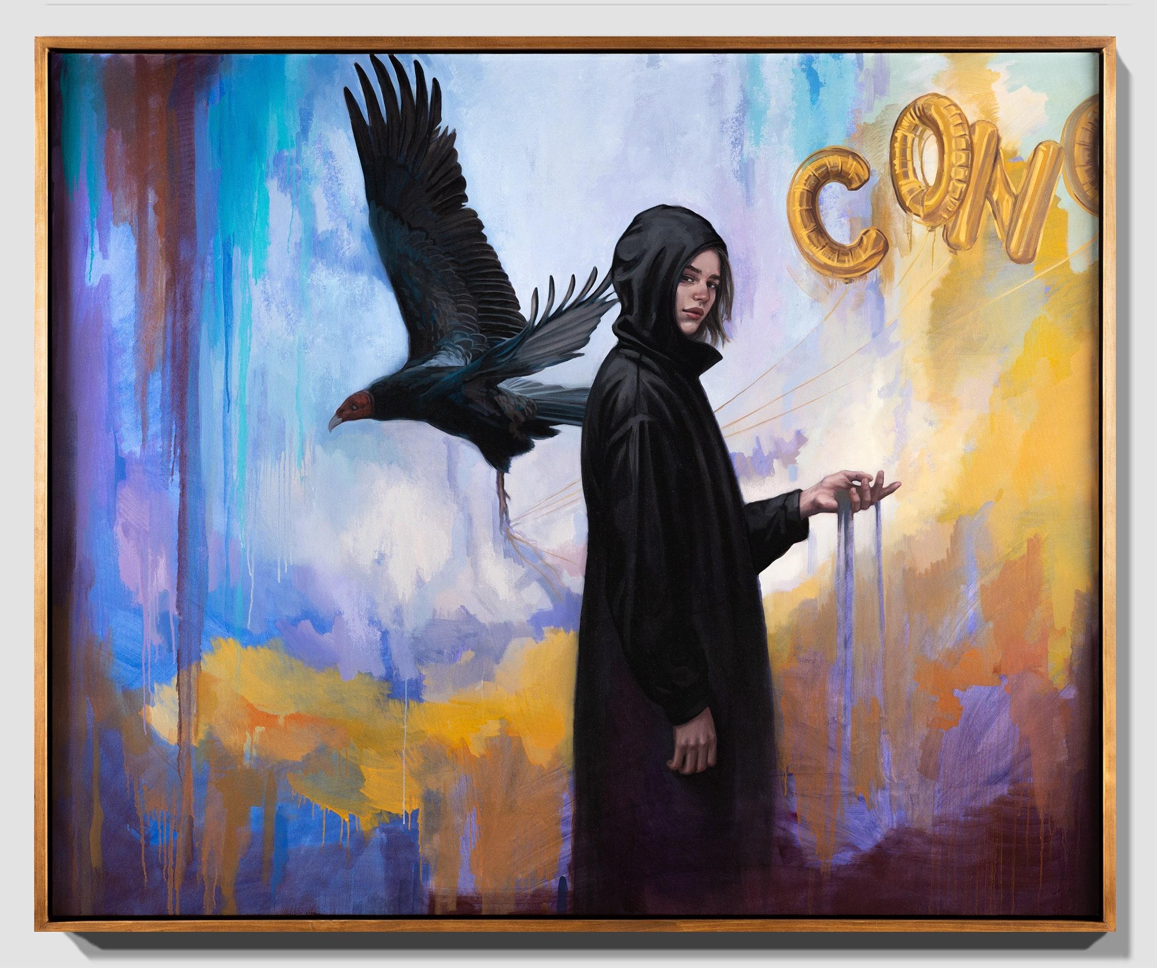 « On Credit », huile sur toile, figure féminine avec vulture - Painting de Katherine Fraser