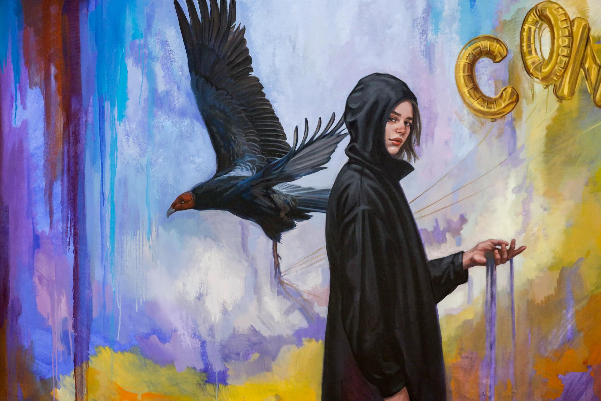 « On Credit », huile sur toile, figure féminine avec vulture - Contemporain Painting par Katherine Fraser