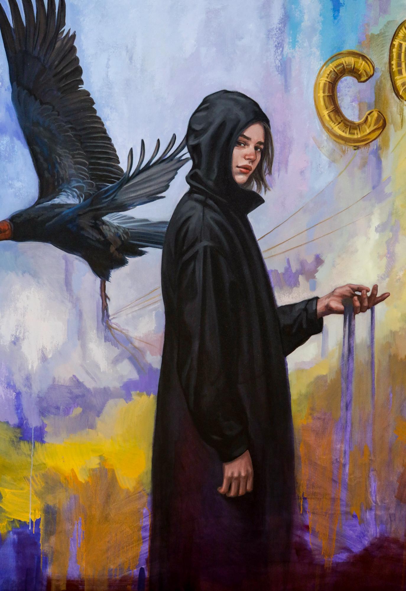 « On Credit », huile sur toile, figure féminine avec vulture en vente 3