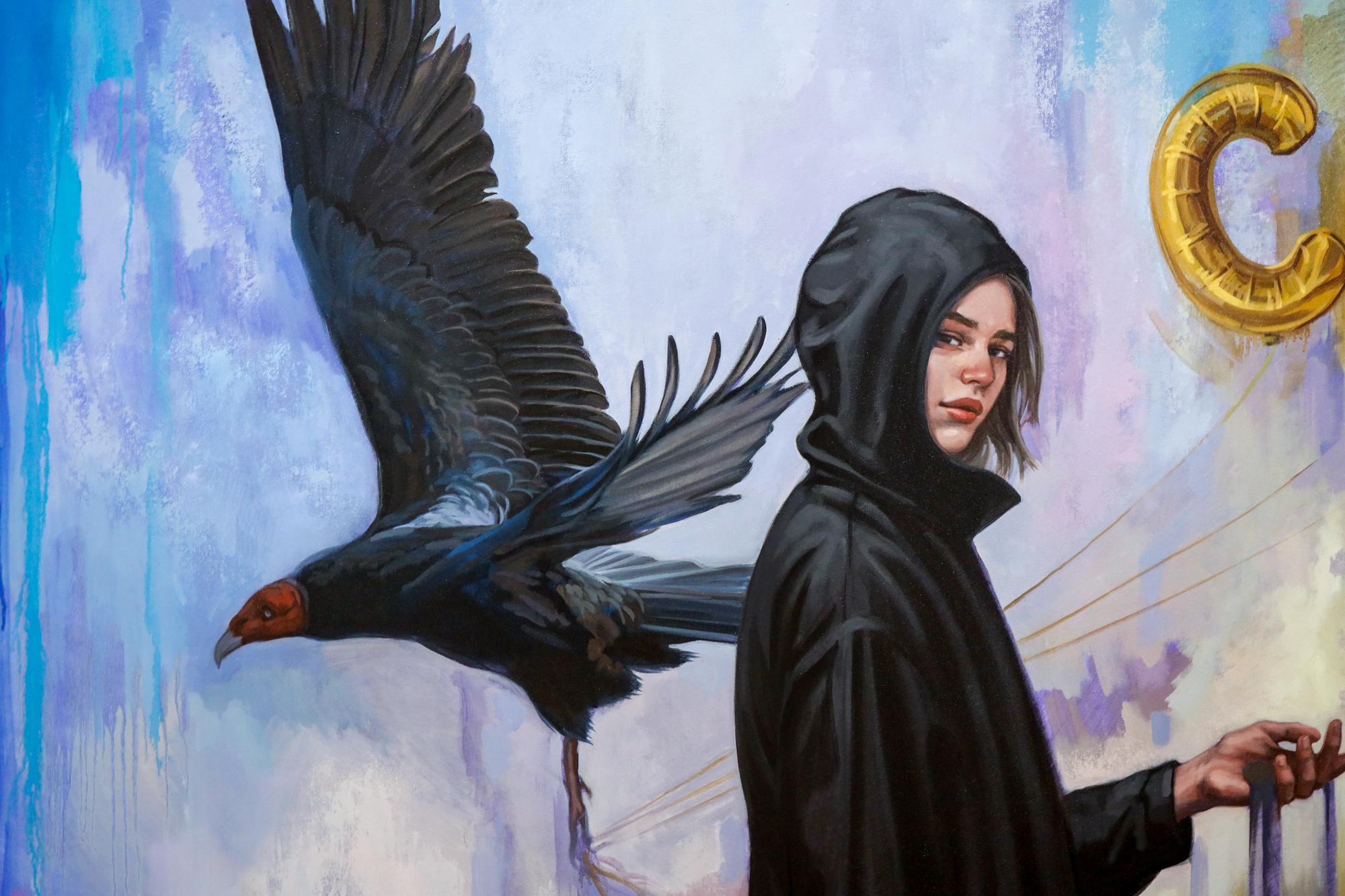 « On Credit », huile sur toile, figure féminine avec vulture en vente 5