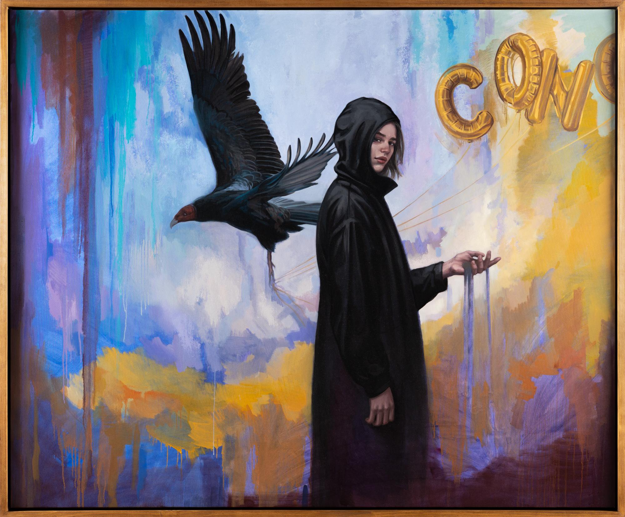 Figurative Painting Katherine Fraser - « On Credit », huile sur toile, figure féminine avec vulture