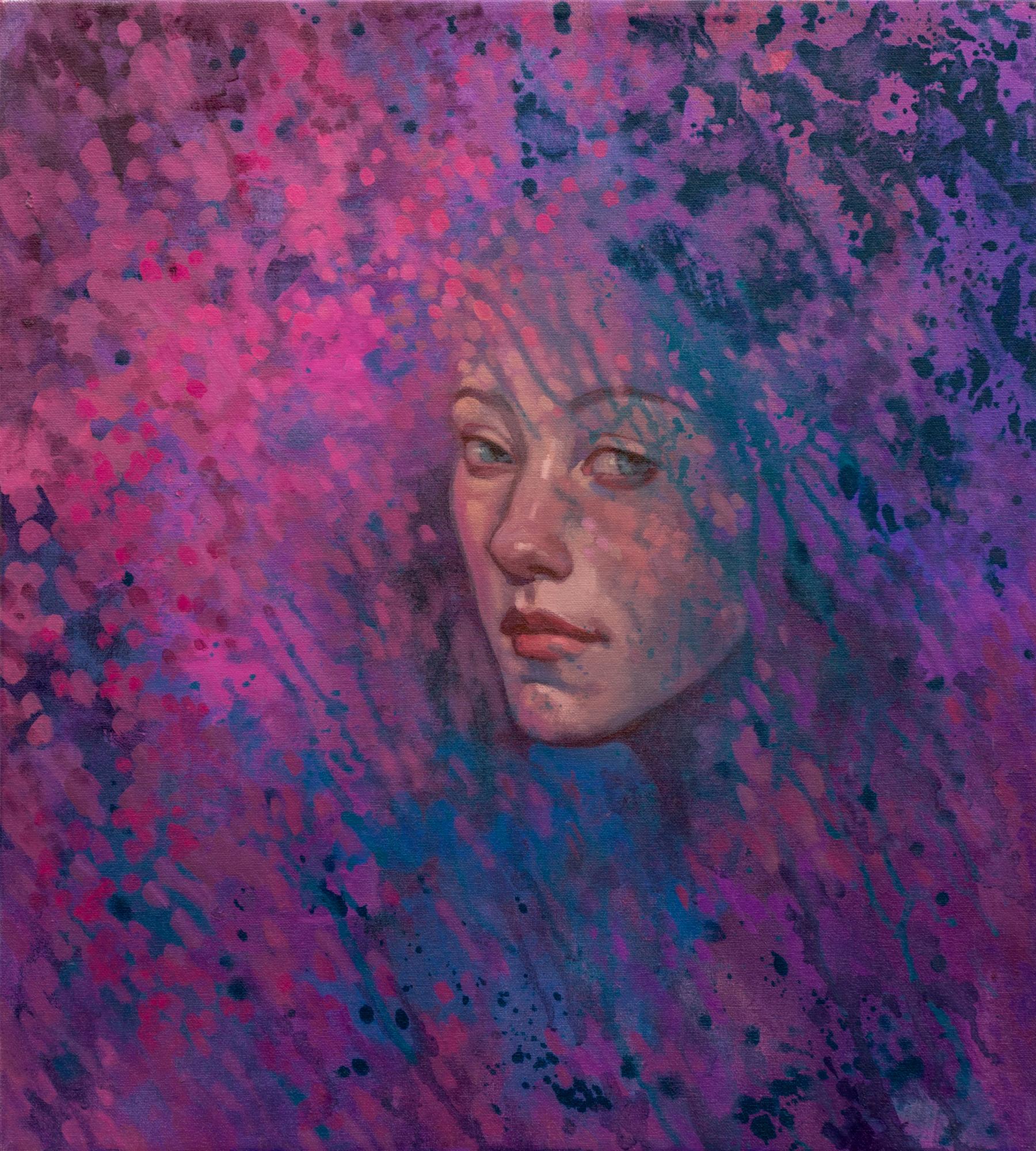 Abstract Painting de Katherine Fraser - "Abriendo puertas" Salpicaduras moradas y rosas con retrato