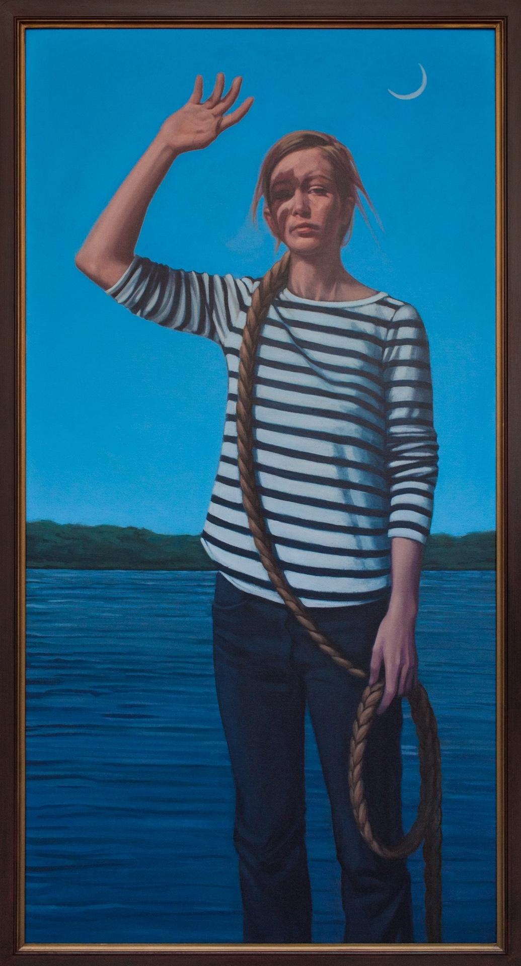« Outward Bound », peinture à l'huile figurative, Nature, Femme par l'eau, Bleu, Vert en vente 2