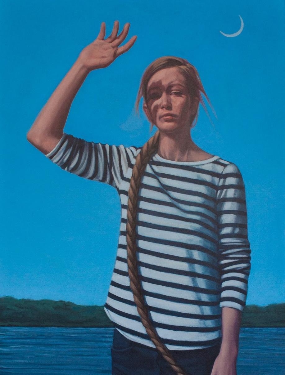 « Outward Bound », peinture à l'huile figurative, Nature, Femme par l'eau, Bleu, Vert en vente 3