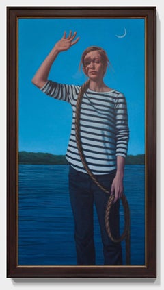 "Outward Bound", Figurative Oil Painting, Nature, Woman by Water, Blue, Green