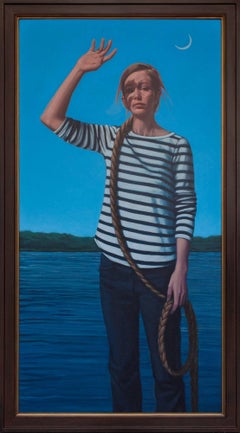 « Outward Bound », peinture à l'huile figurative, Nature, Femme par l'eau, Bleu, Vert