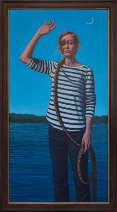 "Outward Bound", Pintura al óleo figurativa, Naturaleza, Mujer junto al agua, Azul, Verde