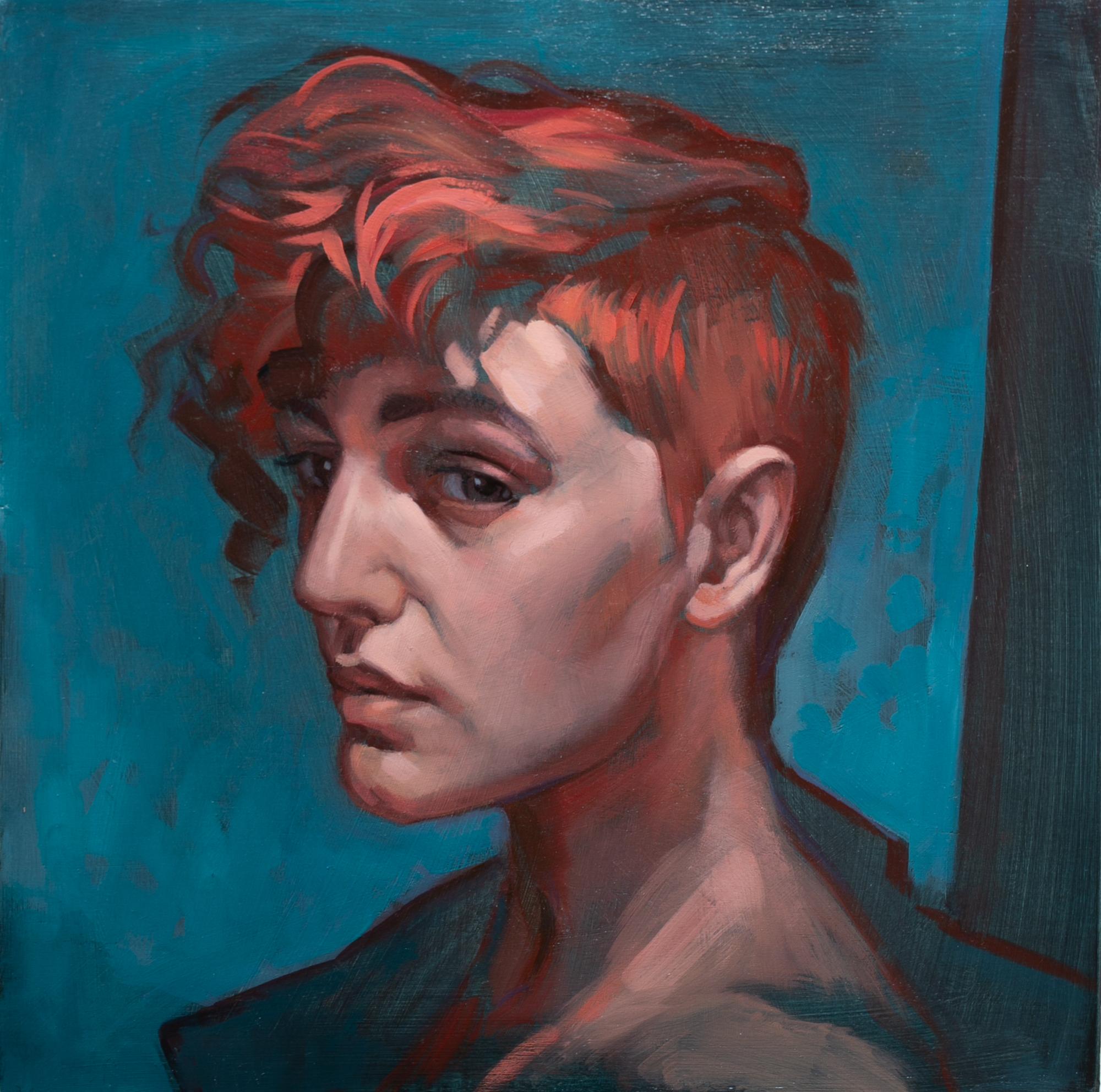 Katherine Fraser Figurative Painting - "Rebel", Figurative, Oil Painting, Portrait, Blue, Red, Realism