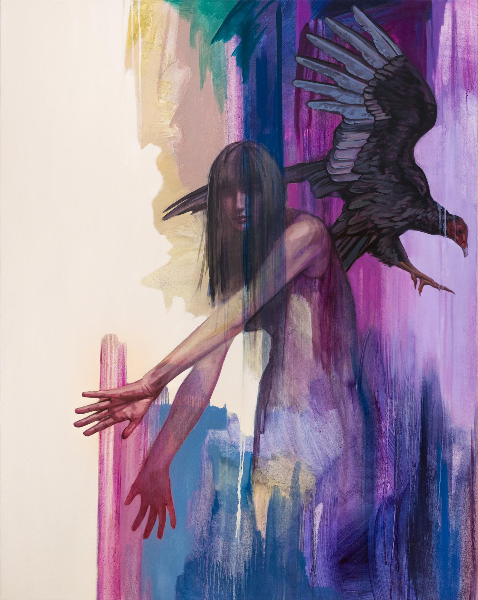 Animal Painting di Katherine Fraser - "Rinascita" Donna con avvoltoio in un ambiente astratto