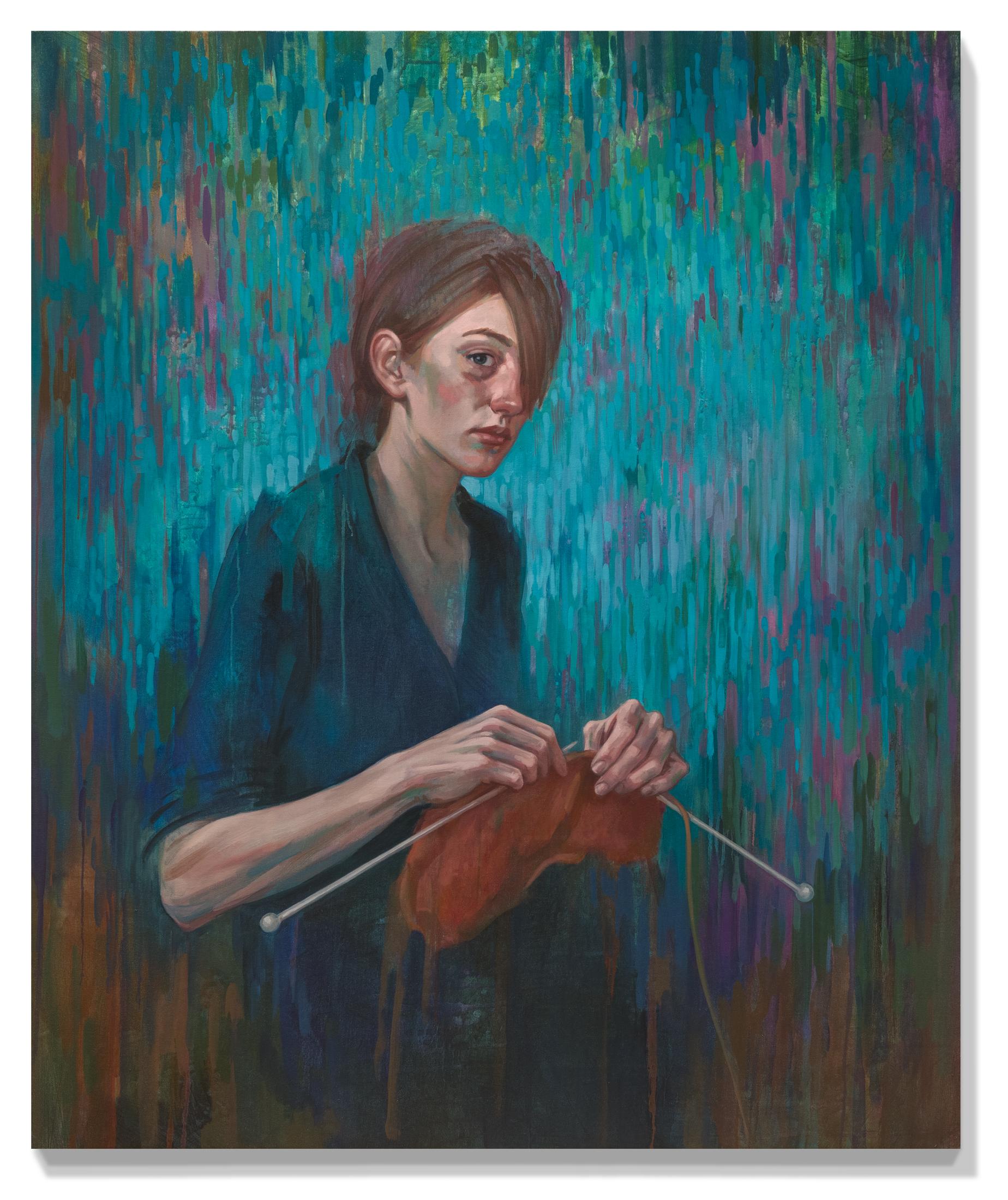 Donna con ferri da calza su sfondo blu: 