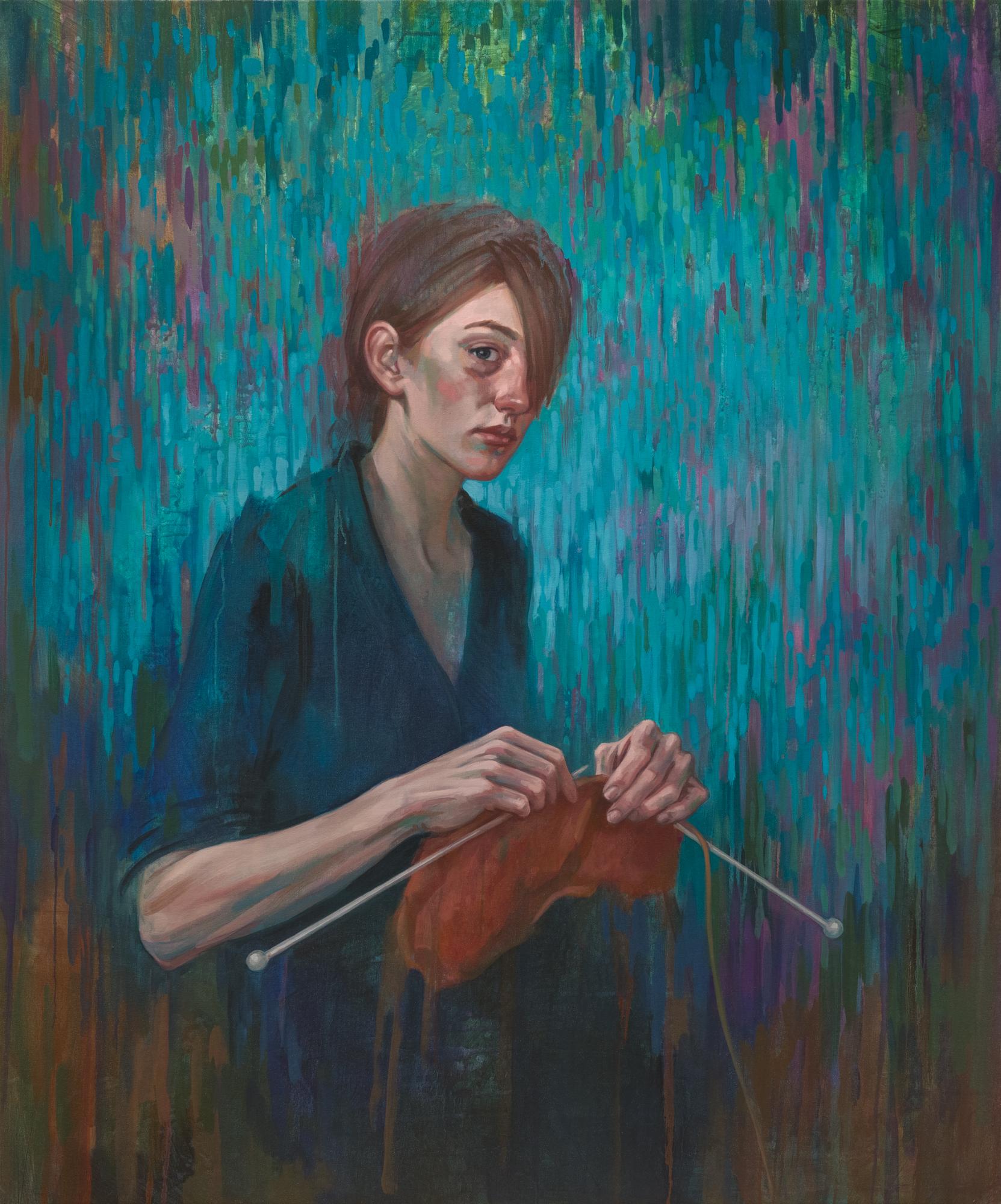 Figurative Painting di Katherine Fraser - Donna con ferri da calza su sfondo blu: "Abilità di mano"