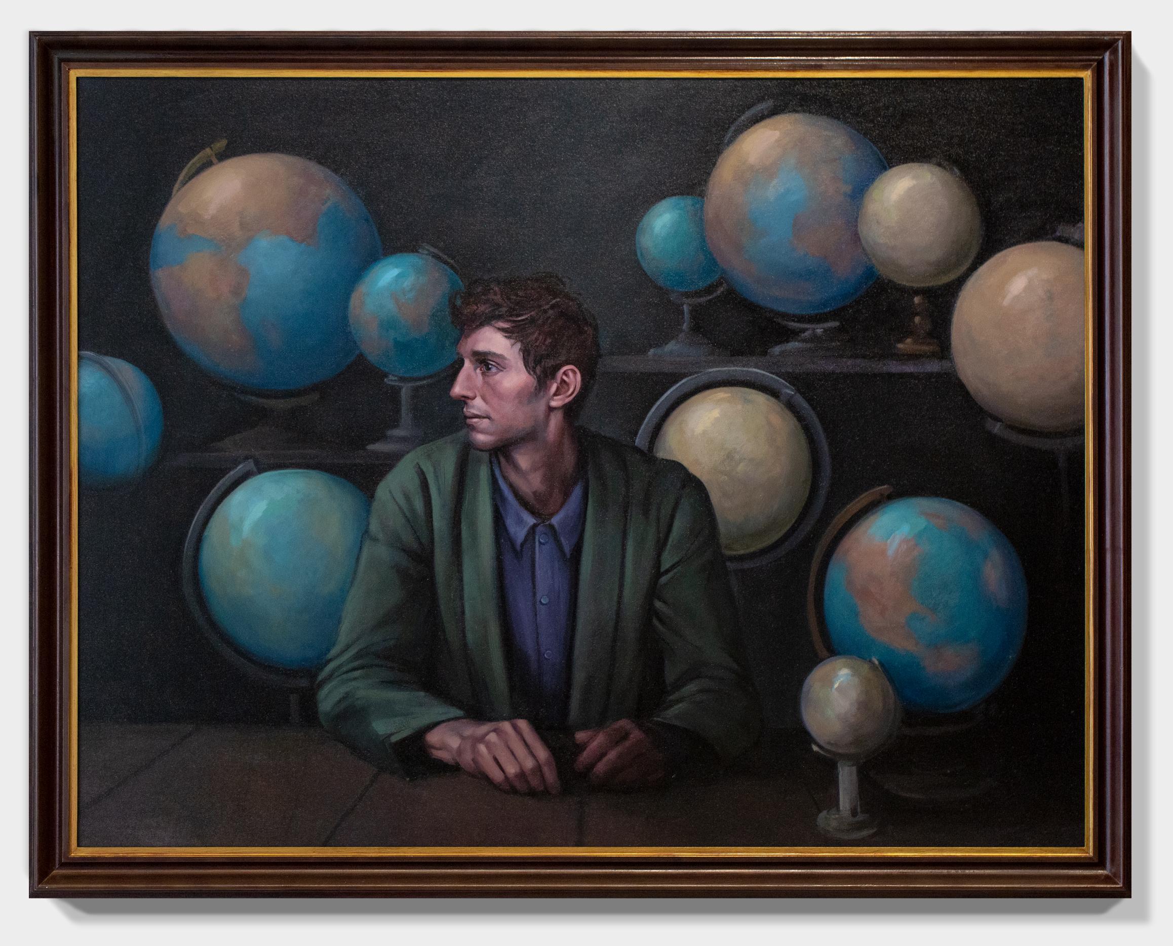 « Sphère », grande peinture à l'huile d'un homme pensif avec des globes et des planètes en vente 2
