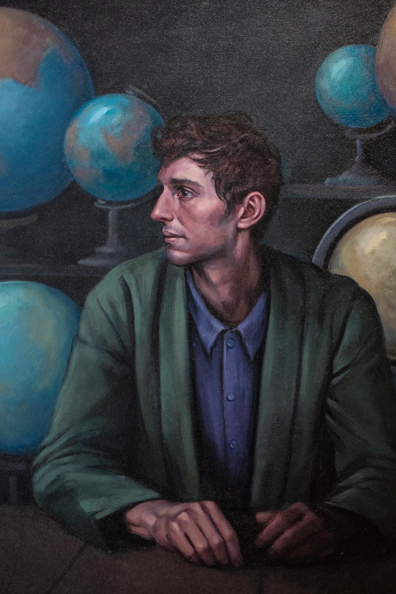 « Sphère », grande peinture à l'huile d'un homme pensif avec des globes et des planètes - Painting de Katherine Fraser