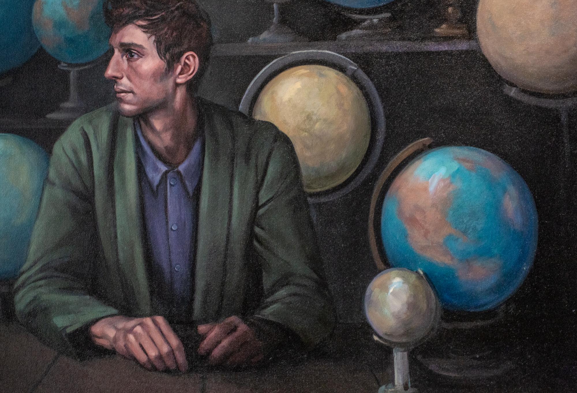 « Sphère », grande peinture à l'huile d'un homme pensif avec des globes et des planètes - Contemporain Painting par Katherine Fraser