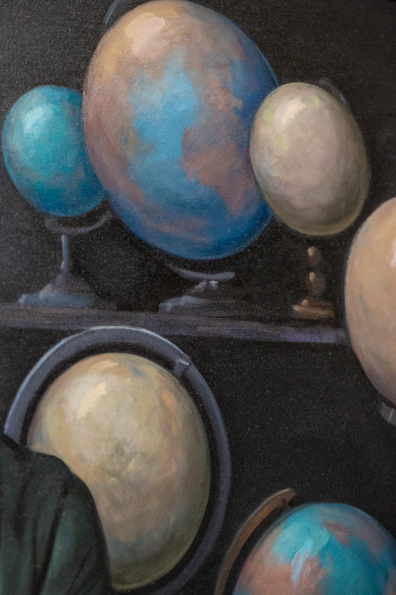 « Sphère », grande peinture à l'huile d'un homme pensif avec des globes et des planètes - Noir Portrait Painting par Katherine Fraser