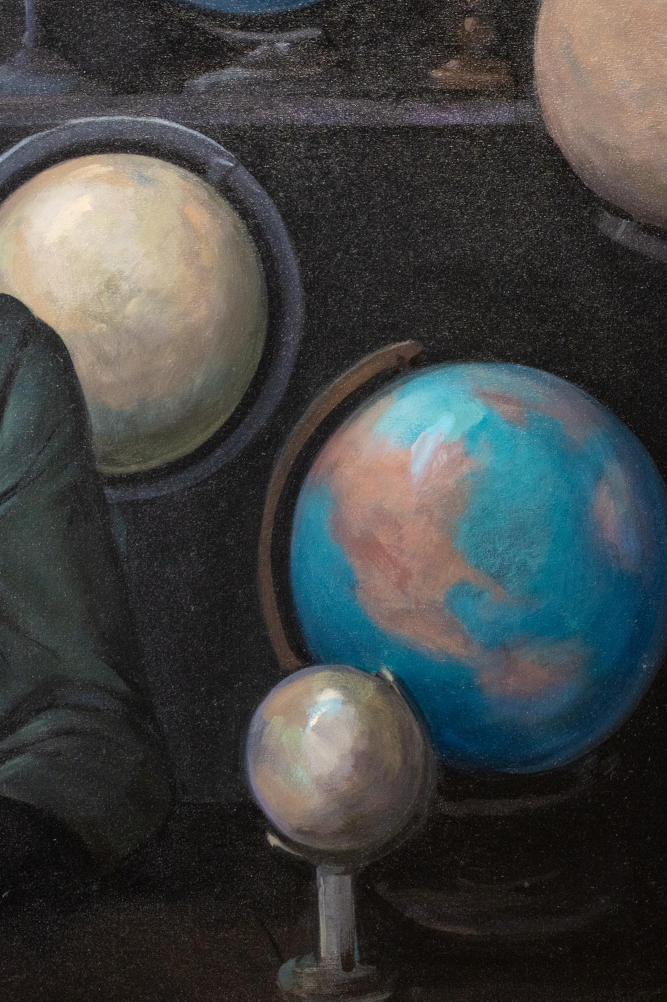 « Sphère », grande peinture à l'huile d'un homme pensif avec des globes et des planètes en vente 1