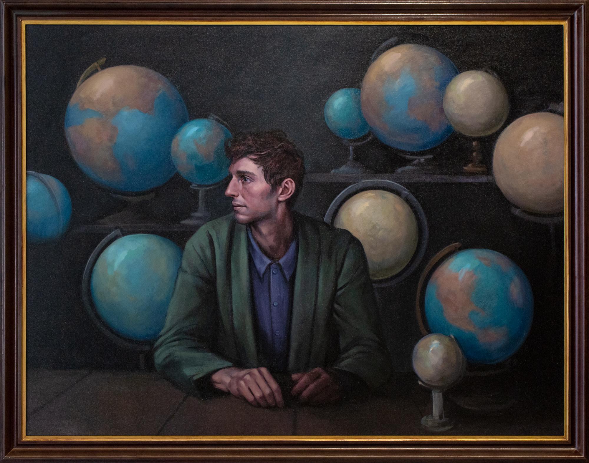 Portrait Painting Katherine Fraser - « Sphère », grande peinture à l'huile d'un homme pensif avec des globes et des planètes