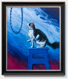 "The Benefits of an Open Mind", Blue, Purple, White, Oil Painting of Cat