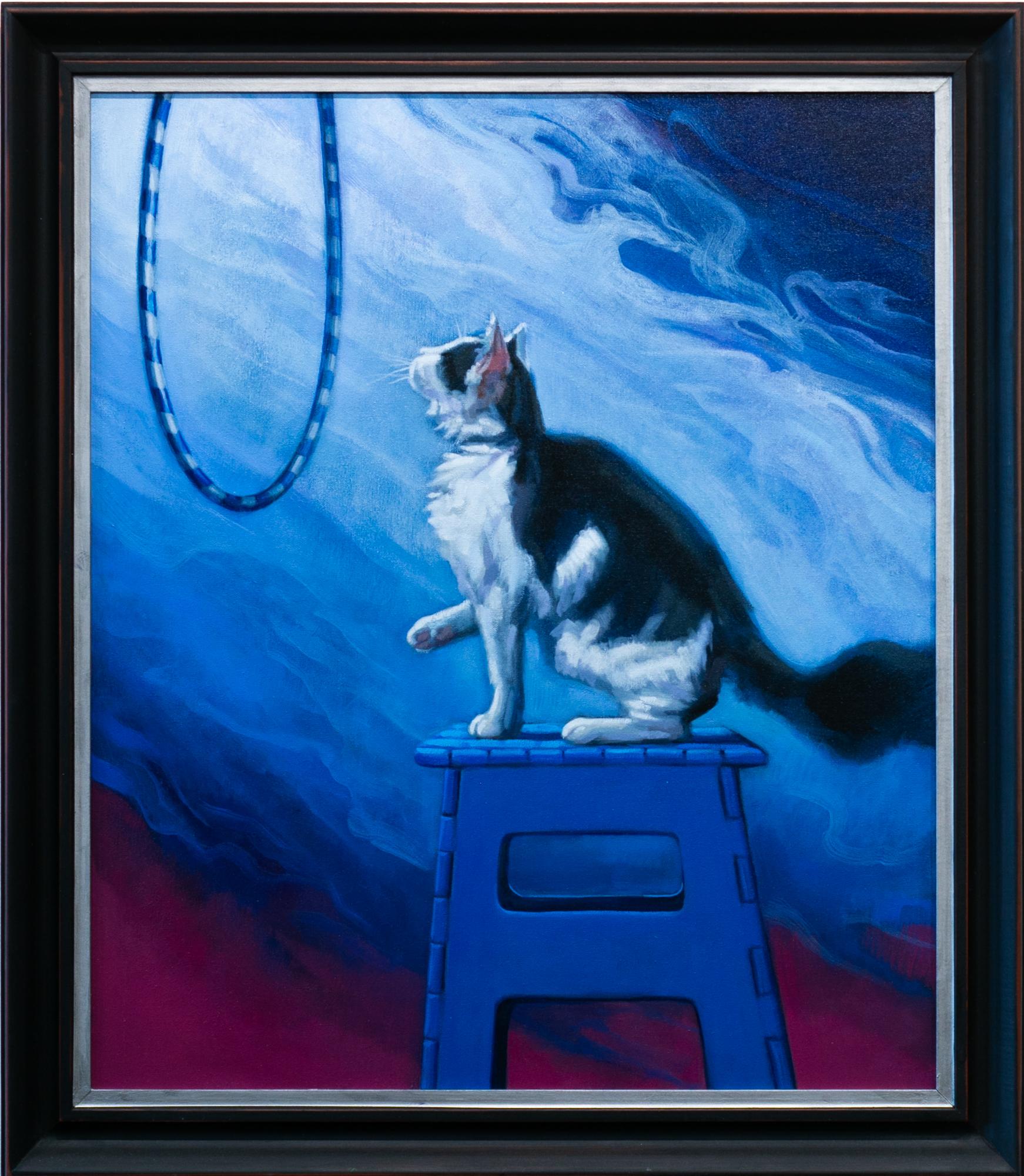 Katherine Fraser Animal Painting - "The Benefits of an Open Mind", Blue, Purple, White, Oil Painting of Cat
