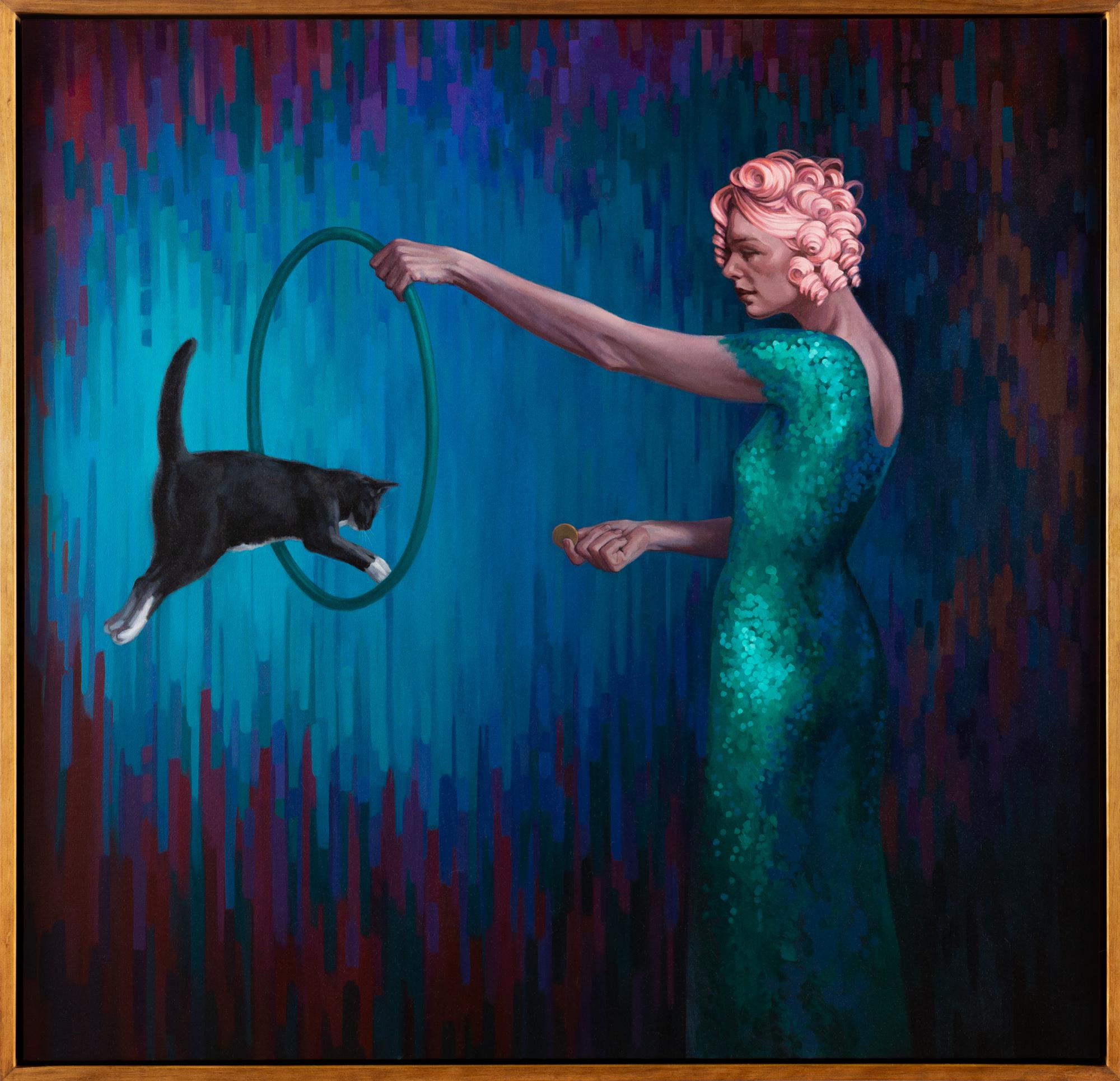 Katherine Fraser Figurative Painting - "The Creative Act" Woman with hula hoop and cat, oil on canvas