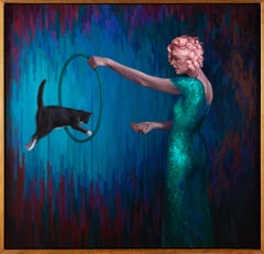 „The Creative Act“ Frau mit hula Hoop und Katze, Öl auf Leinwand