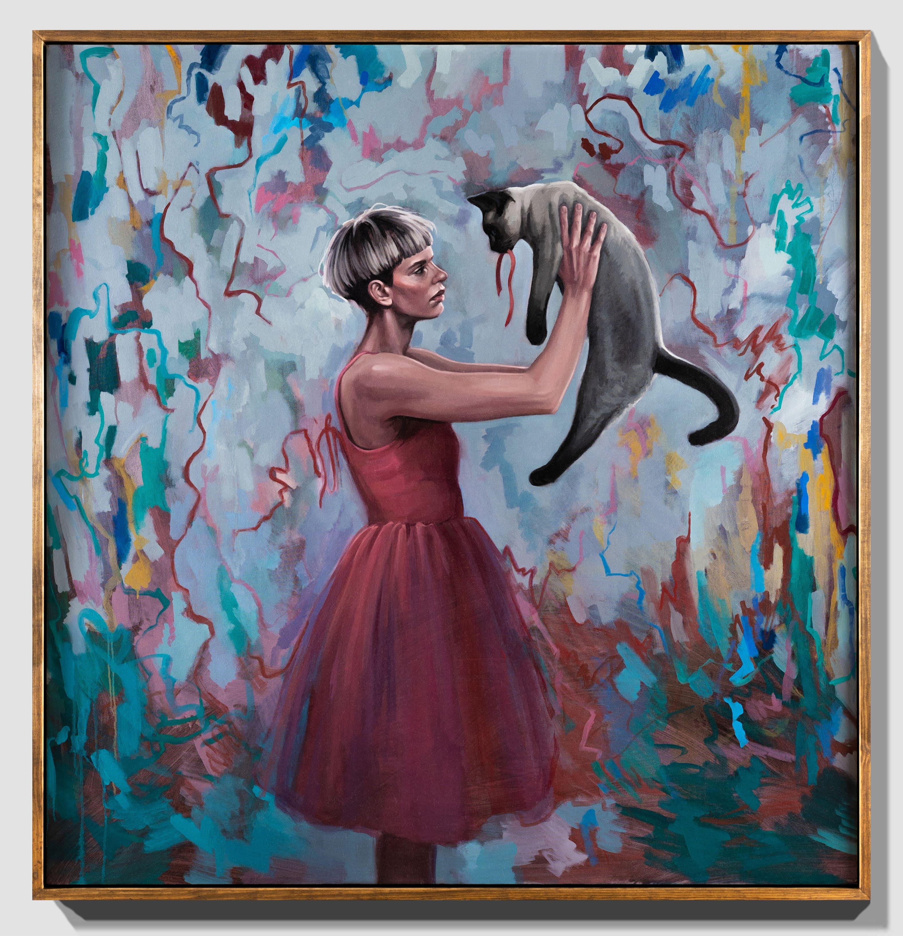 « The Gift », figure féminine tenant un chat, fond abstrait, huile sur toile - Painting de Katherine Fraser