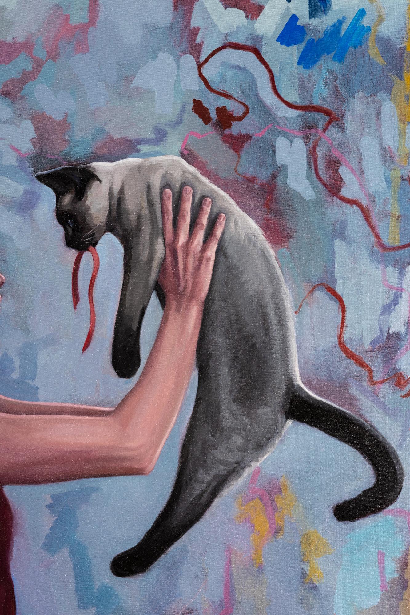 « The Gift », figure féminine tenant un chat, fond abstrait, huile sur toile en vente 1
