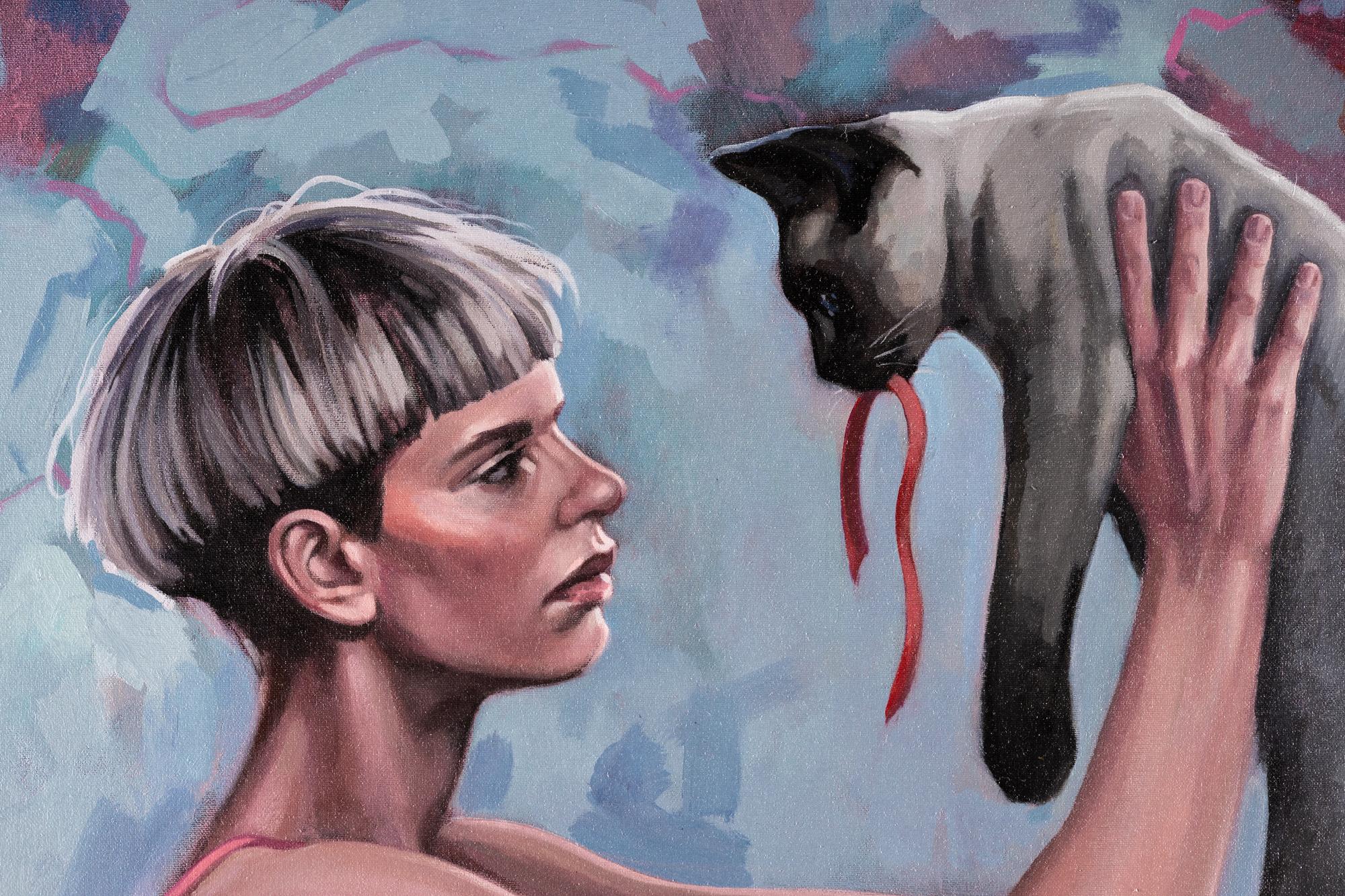 « The Gift », figure féminine tenant un chat, fond abstrait, huile sur toile en vente 2