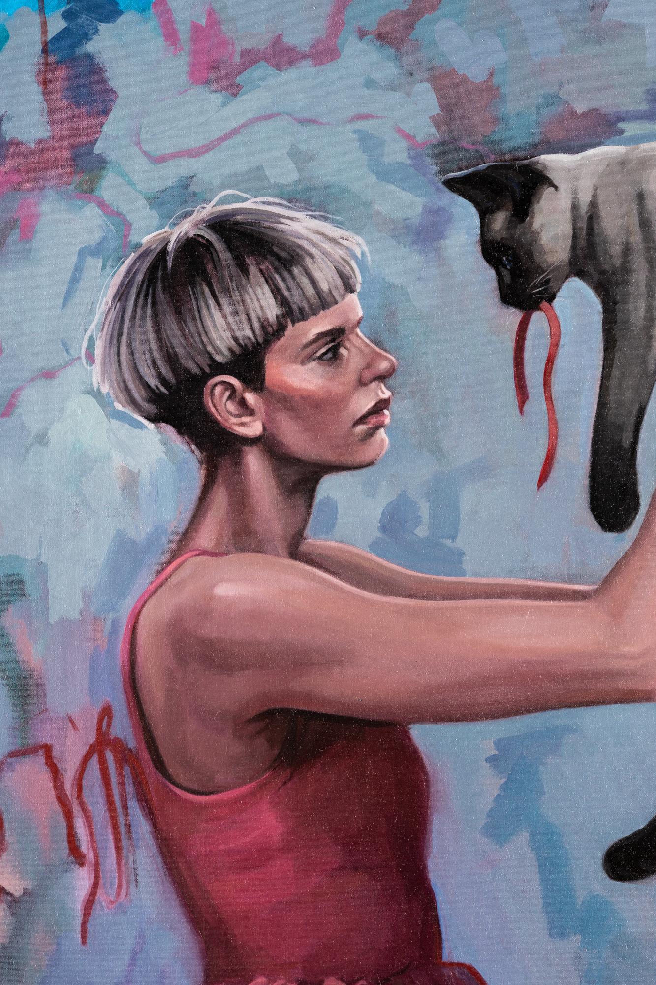 « The Gift », figure féminine tenant un chat, fond abstrait, huile sur toile en vente 3